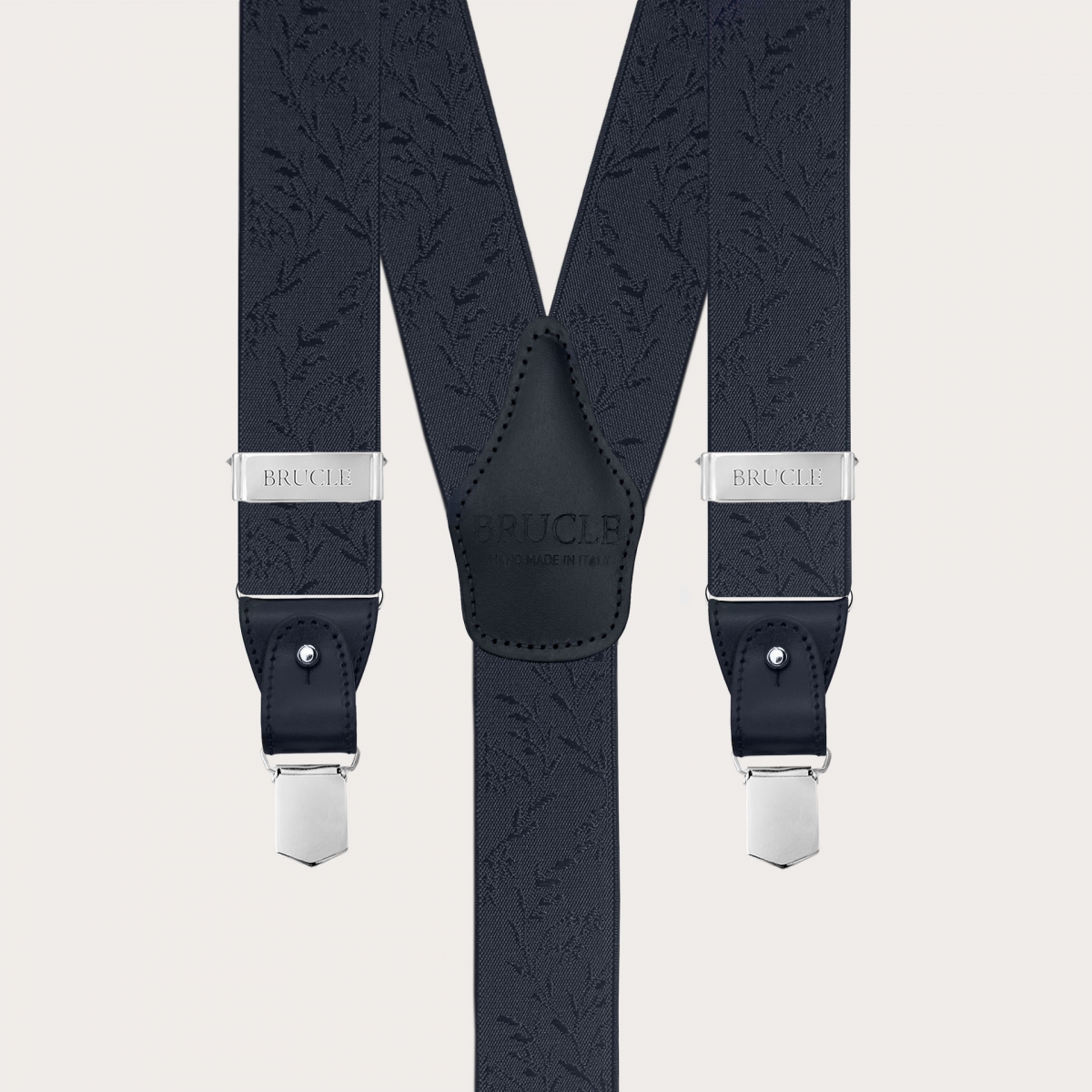 Dual-use navy blue ceremonial suspenders with floral pattern