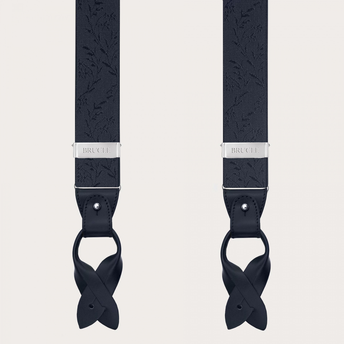 Dual-use navy blue ceremonial suspenders with floral pattern