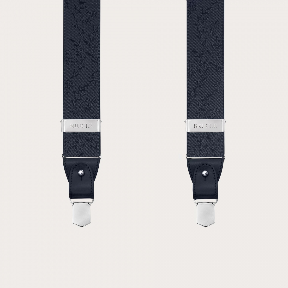 Dual-use navy blue ceremonial suspenders with floral pattern