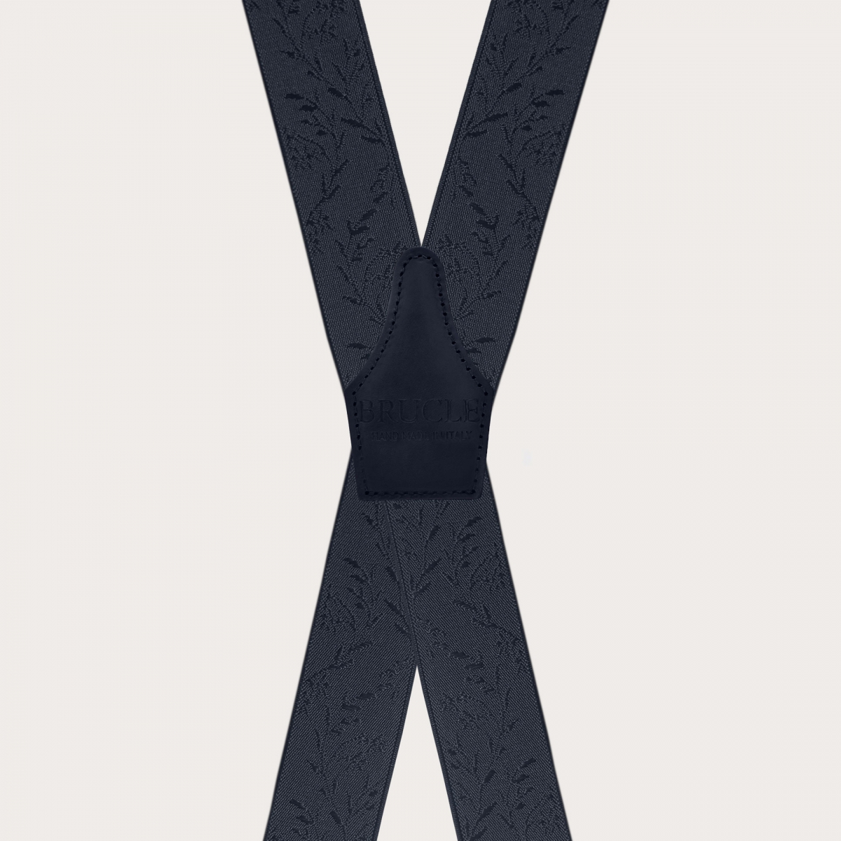 Elegant blue X-back suspenders with floral pattern