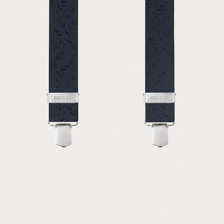 Elegant blue X-back suspenders with floral pattern