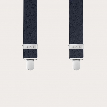 Elegant blue X-back suspenders with floral pattern