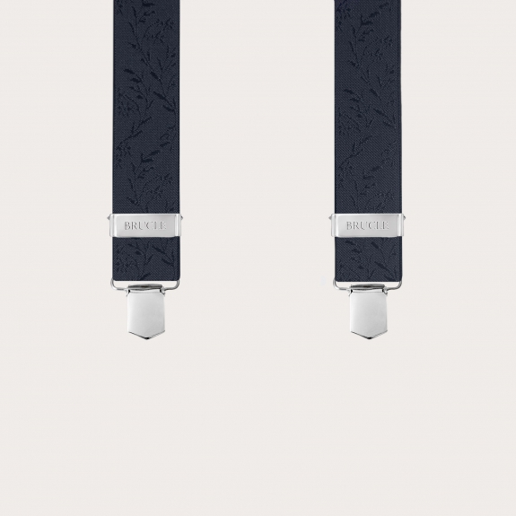 Elegant blue X-back suspenders with floral pattern