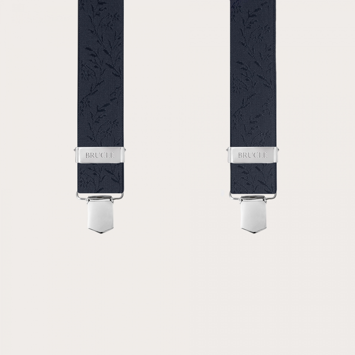 Elegant blue X-back suspenders with floral pattern