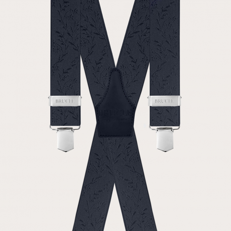 Elegant blue X-back suspenders with floral pattern