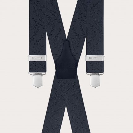 Elegant blue X-back suspenders with floral pattern