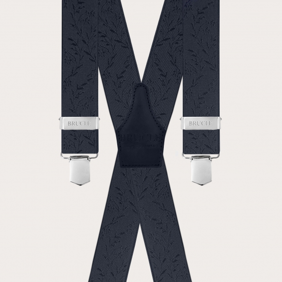 Elegant blue X-back suspenders with floral pattern