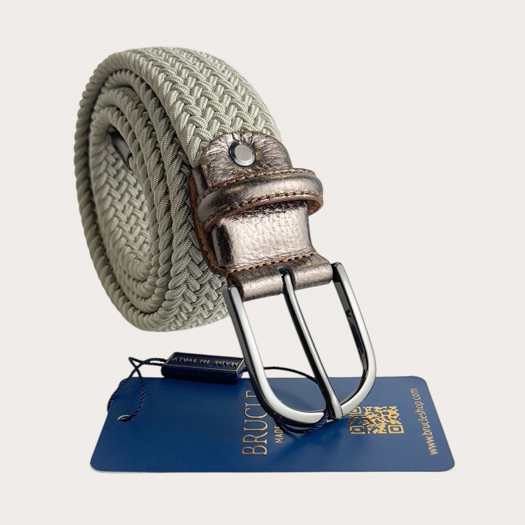 Ceinture élastique tressée beige avec cuir métallisé
