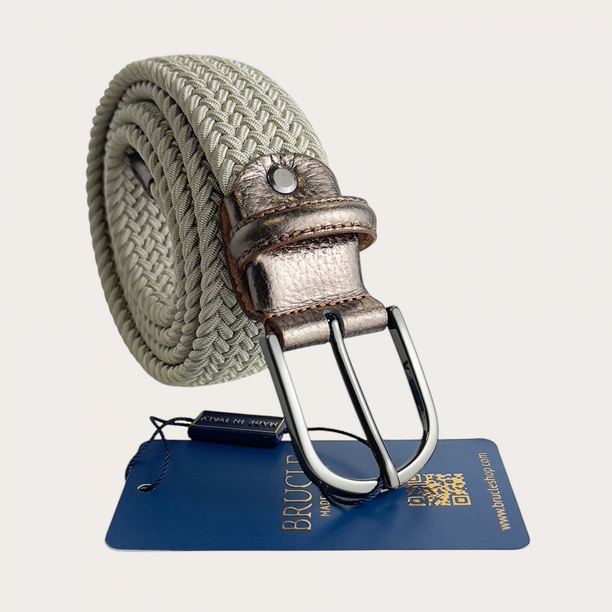 Cintura elastica intrecciata beige con pelle metallizzata