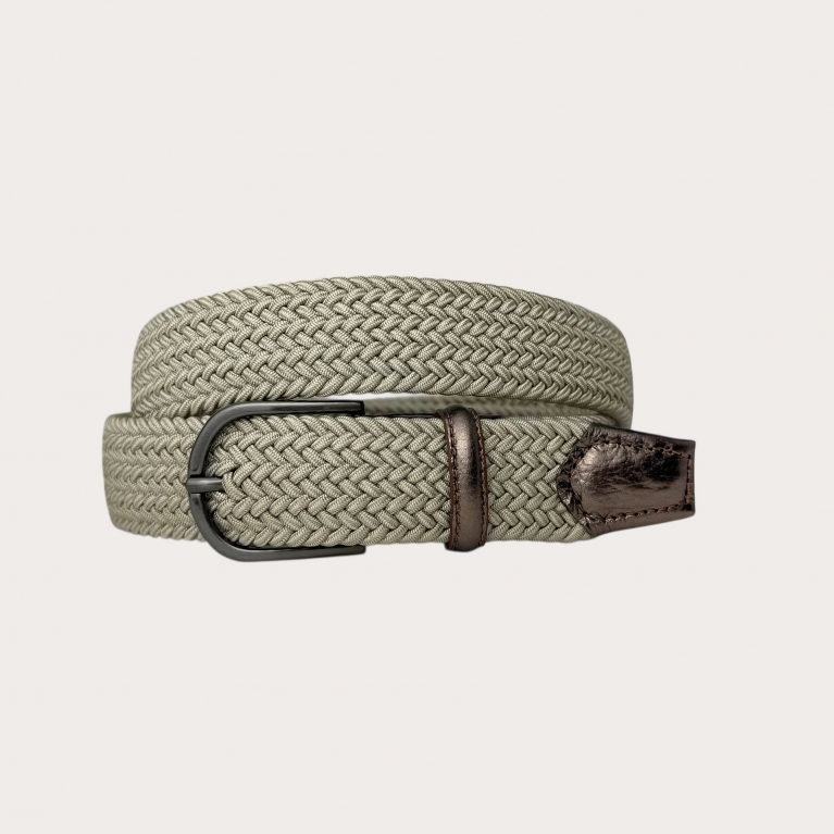 Beige braided elastic belt with metallic leather