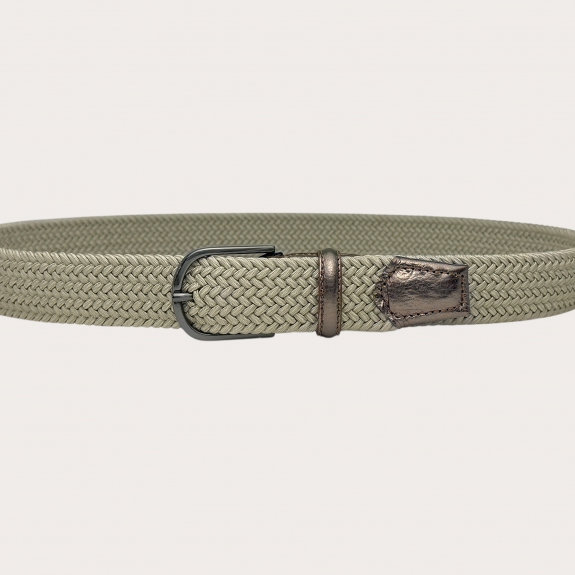 Beige braided elastic belt with metallic leather