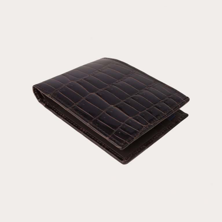 Luxury wallet in genuine crocodile leather with coin purse, dark brown