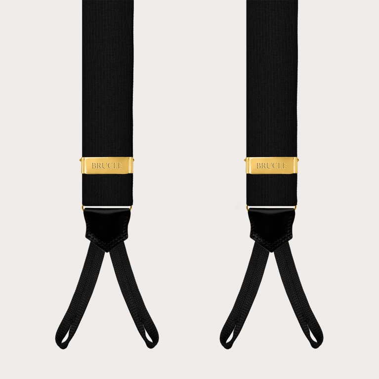 Black silk suspenders for buttons with gold-tone metal parts