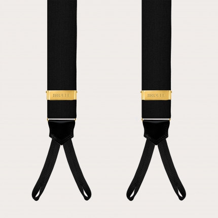 Black silk suspenders for buttons with gold-tone metal parts