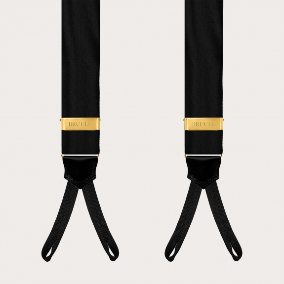 Black silk suspenders for buttons with gold-tone metal parts