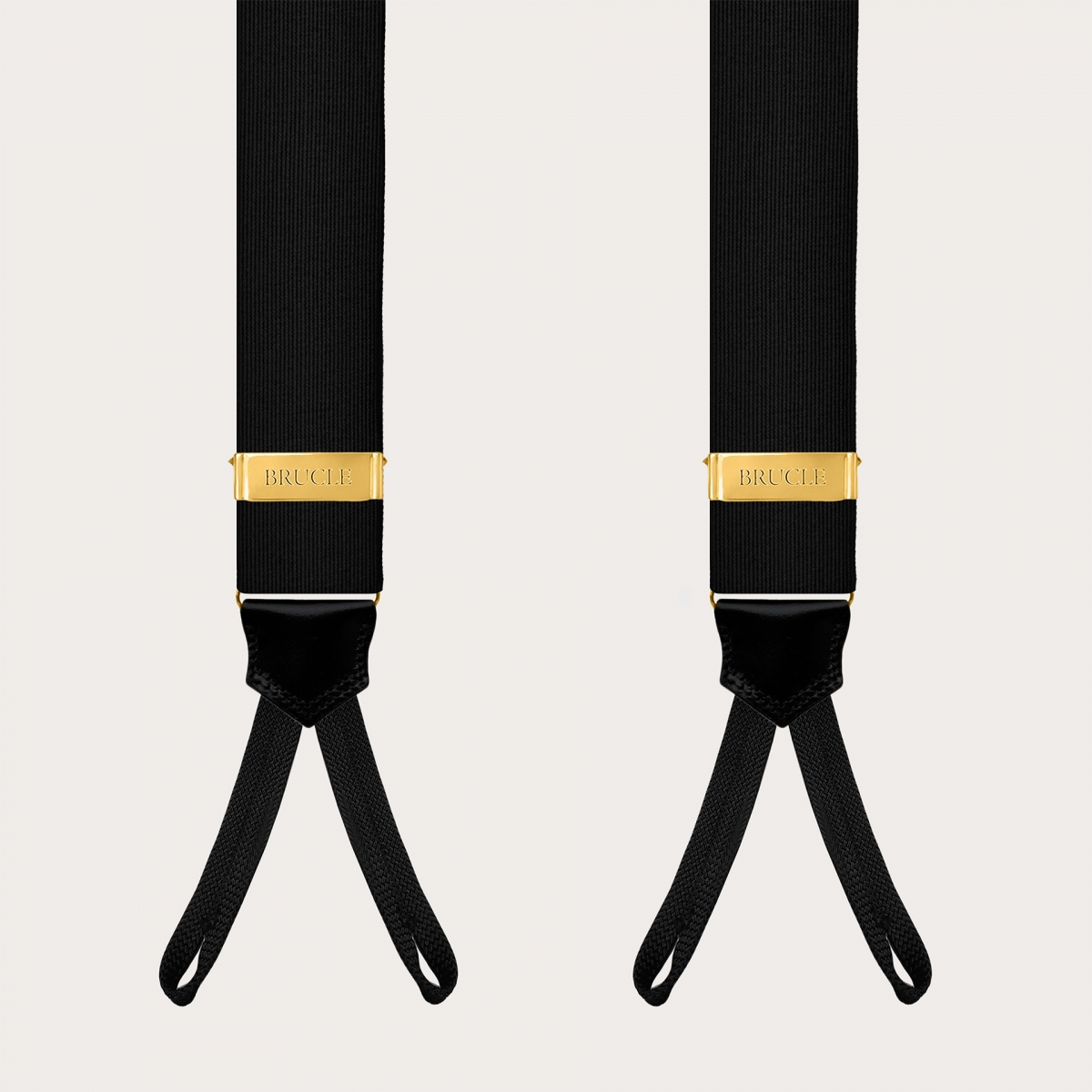 Black silk suspenders for buttons with gold-tone metal parts