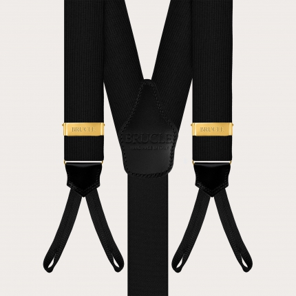 Black silk suspenders for buttons with gold-tone metal parts