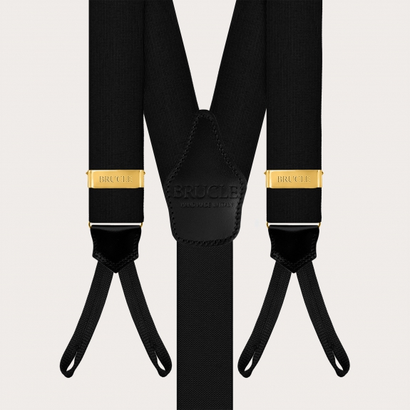 Black silk suspenders for buttons with gold-tone metal parts