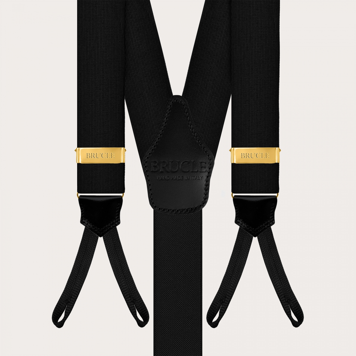 Black silk suspenders for buttons with gold-tone metal parts