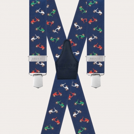 Bretelle blu a clip con fantasia motorini