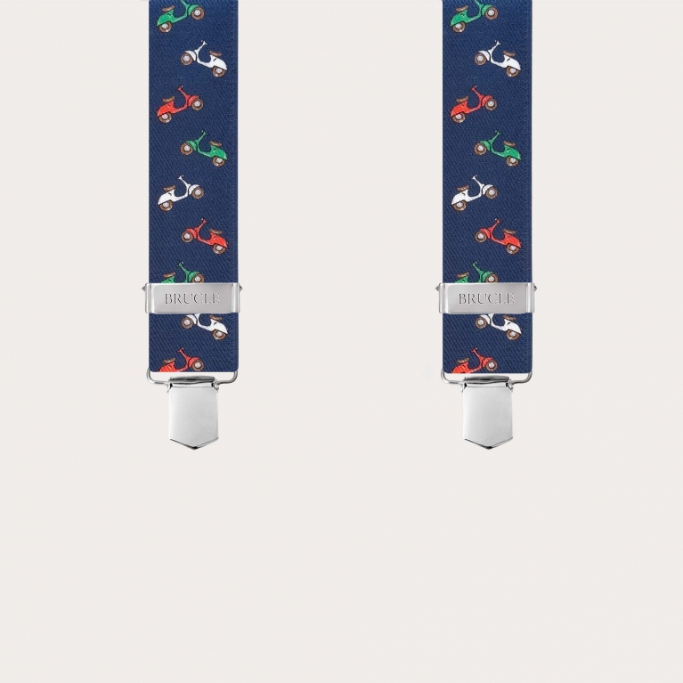 Blue clip-on suspenders with scooter pattern