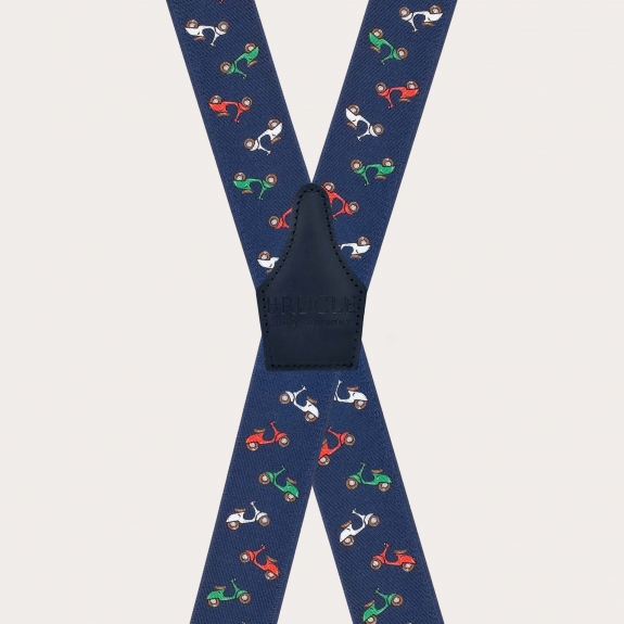 Blue clip-on suspenders with scooter pattern