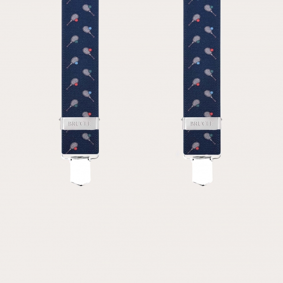 Blue suspenders with tennis racket pattern