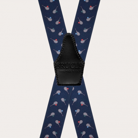 Blue suspenders with tennis racket pattern