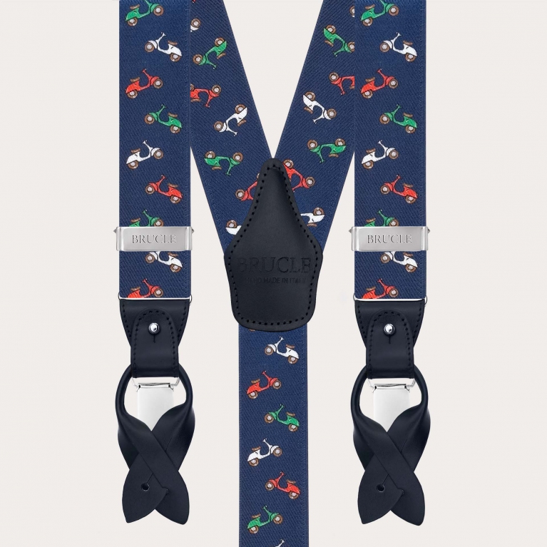 Men’s suspenders with buttons or clips featuring scooter pattern