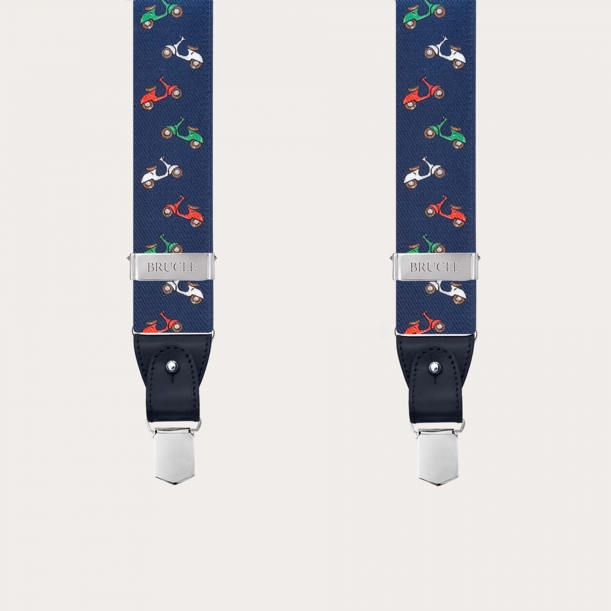 Men’s suspenders with buttons or clips featuring scooter pattern