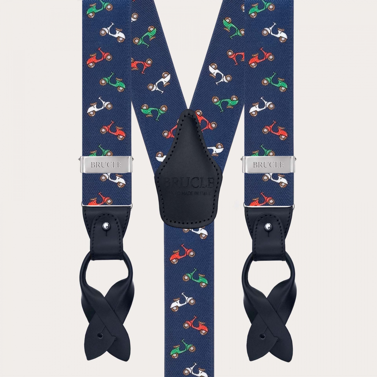 Men’s suspenders with buttons or clips featuring scooter pattern
