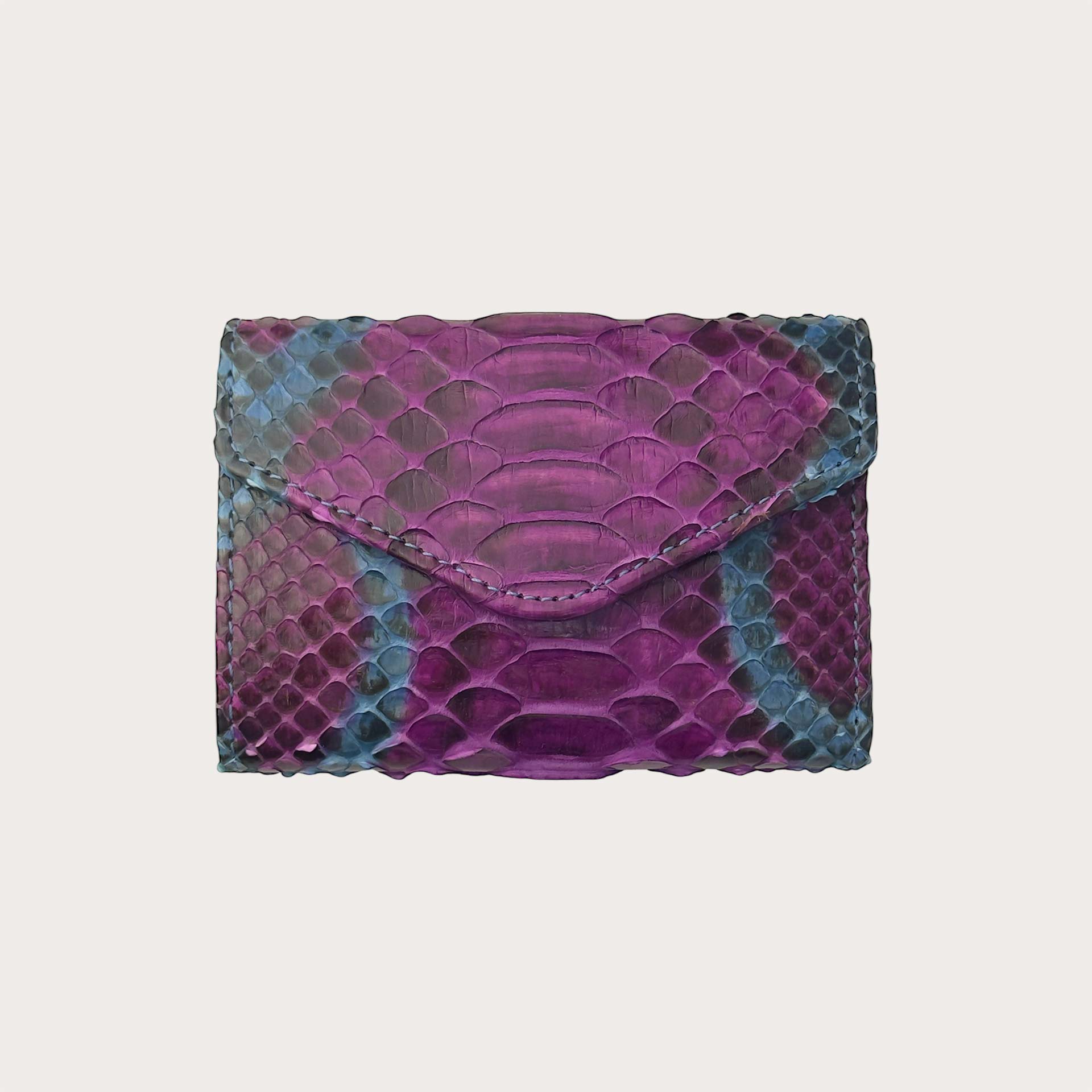 Mini compact wallet in light blue and fuchsia python