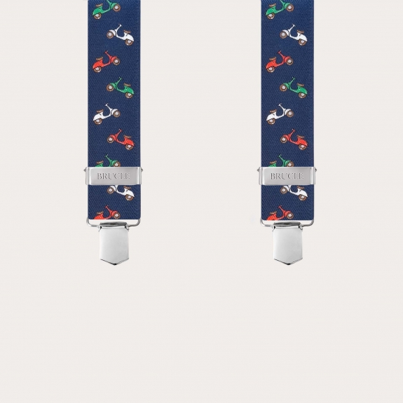Blue Y-shape suspenders with scooter pattern