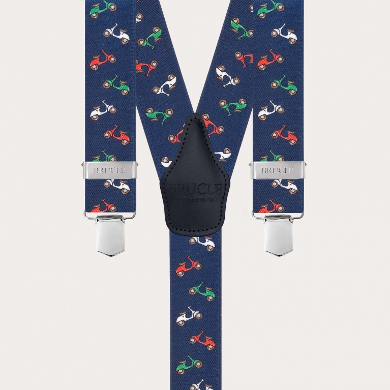 Blue Y-shape suspenders with scooter pattern
