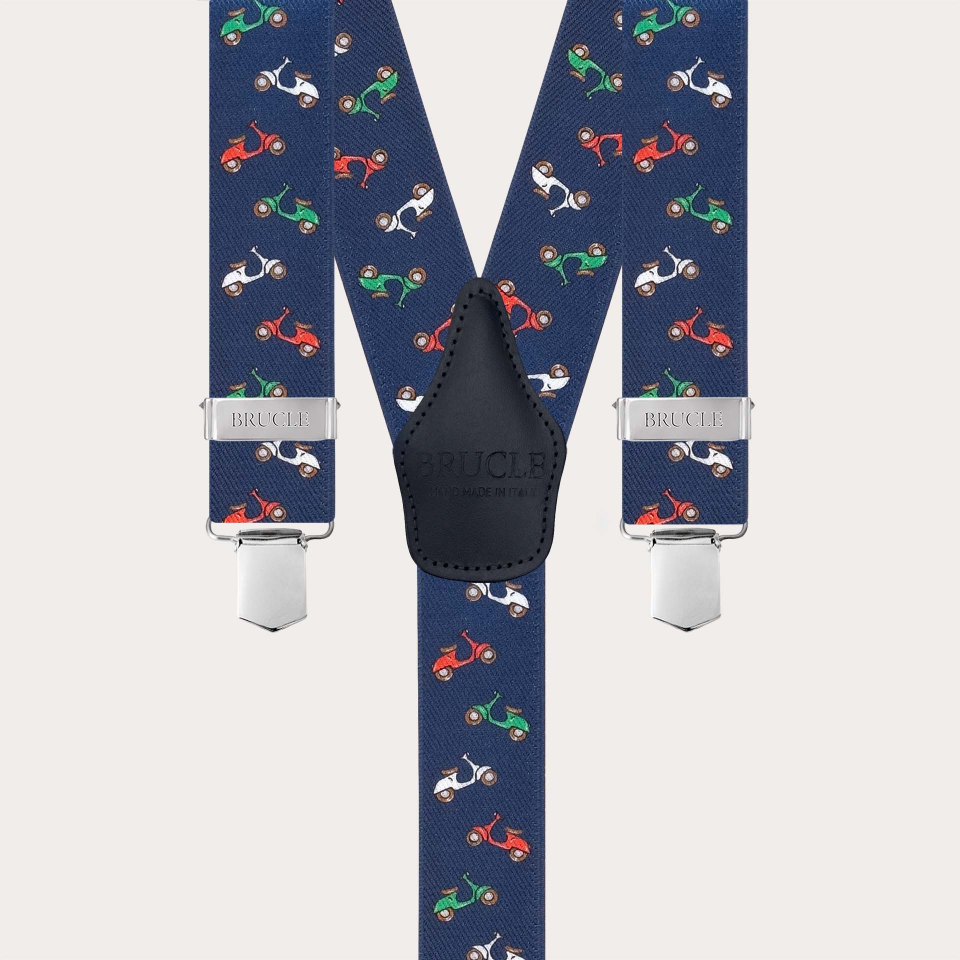 Blue Y-shape suspenders with scooter pattern
