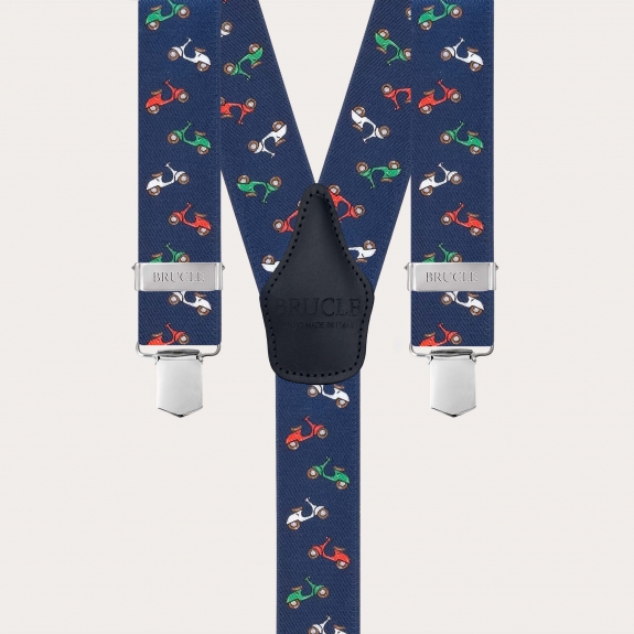 Blue Y-shape suspenders with scooter pattern