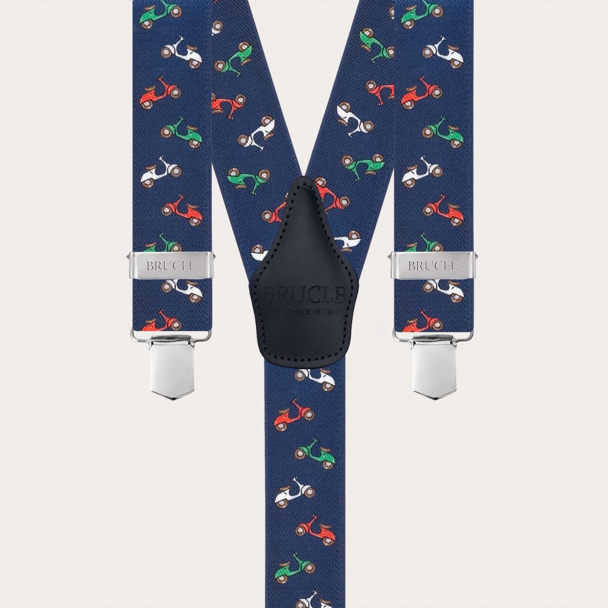 Blue Y-shape suspenders with scooter pattern