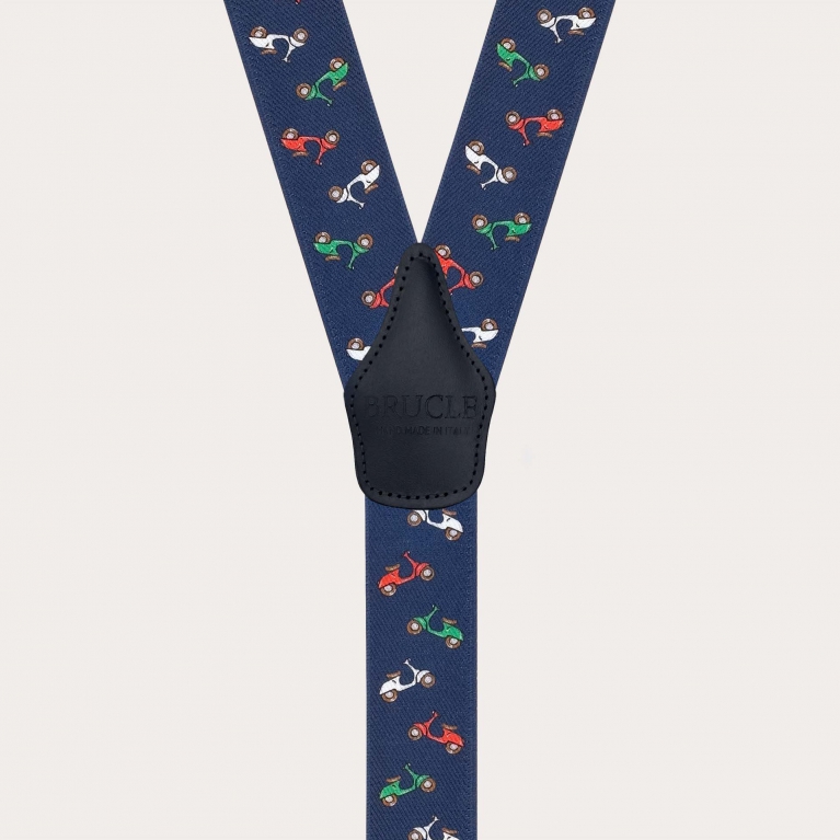 Blue Y-shape suspenders with scooter pattern