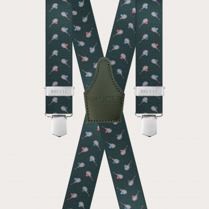 Green X-Shape Suspenders with Tennis Racket Pattern