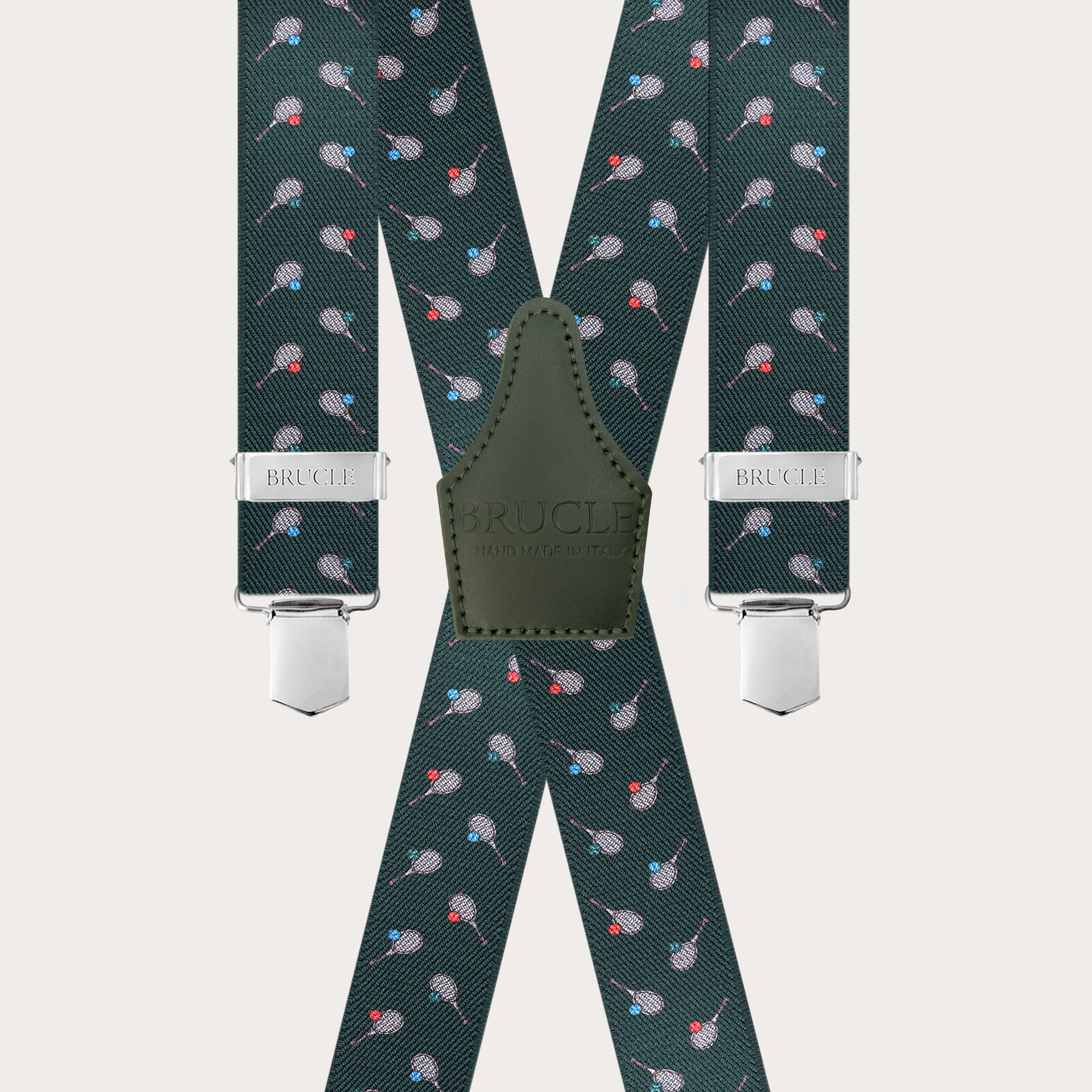 Green X-Shape Suspenders with Tennis Racket Pattern