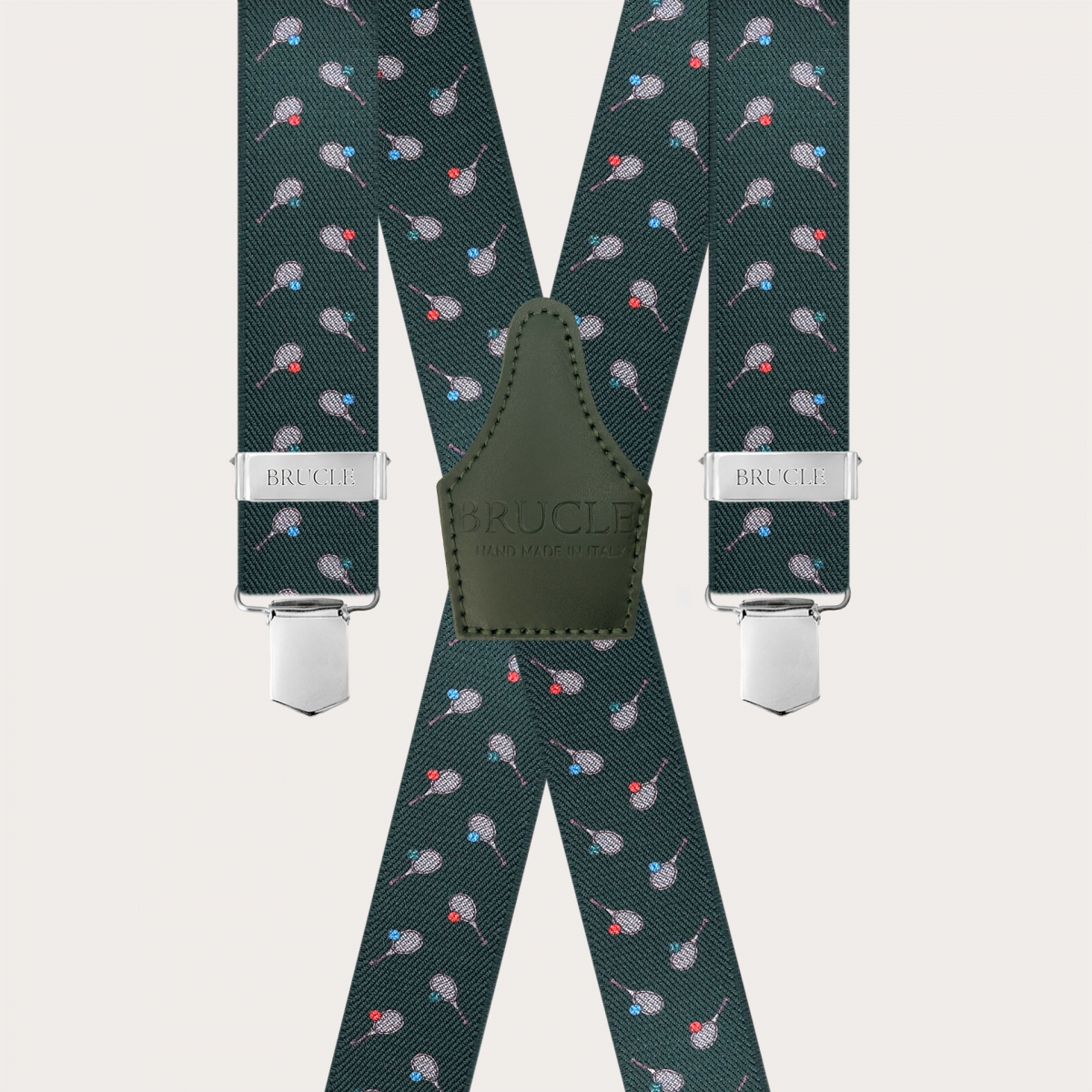 Green X-Shape Suspenders with Tennis Racket Pattern