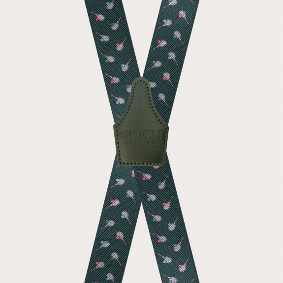Green X-Shape Suspenders with Tennis Racket Pattern