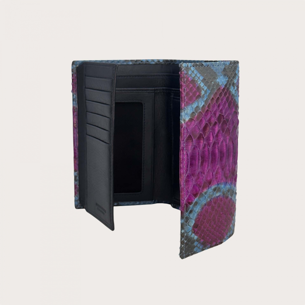 Portefeuille femme à rabat en python fuchsia et bleu ciel