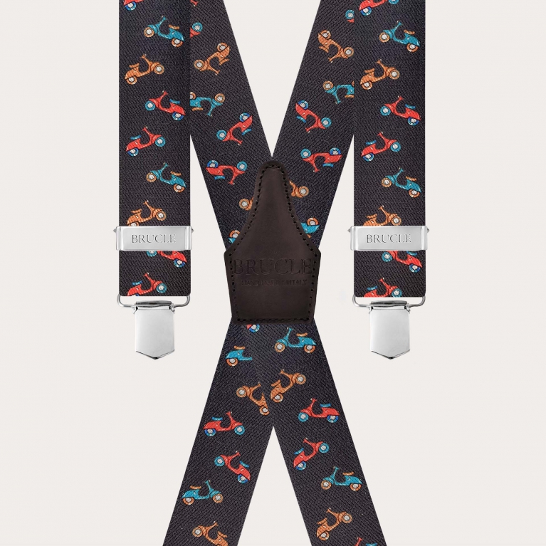 Dark brown X-back suspenders with scooter pattern