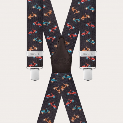 Dark brown X-back suspenders with scooter pattern