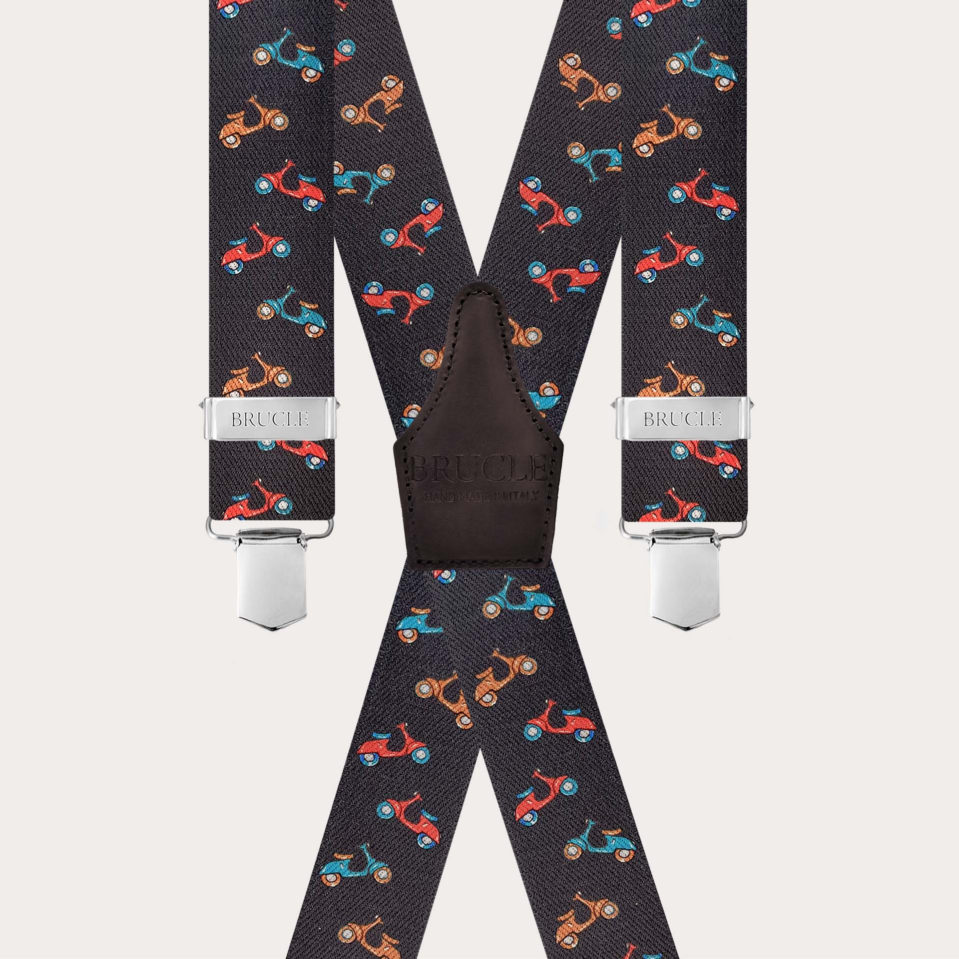 Dark brown X-back suspenders with scooter pattern