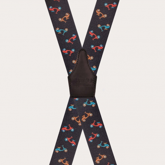 Dark brown X-back suspenders with scooter pattern