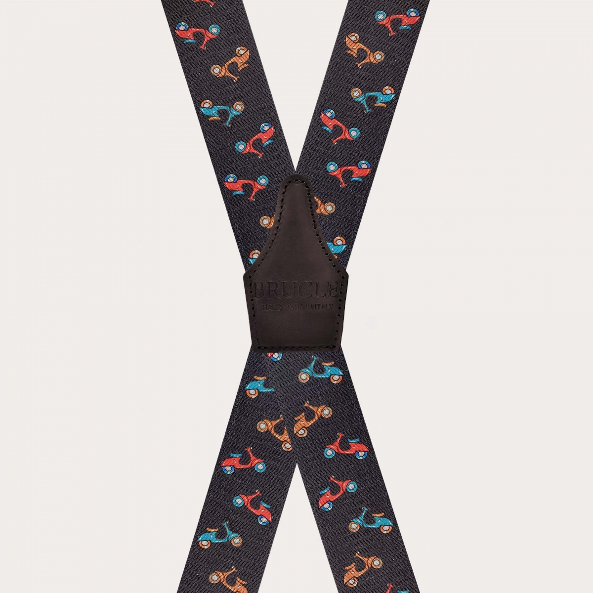 Dark brown X-back suspenders with scooter pattern