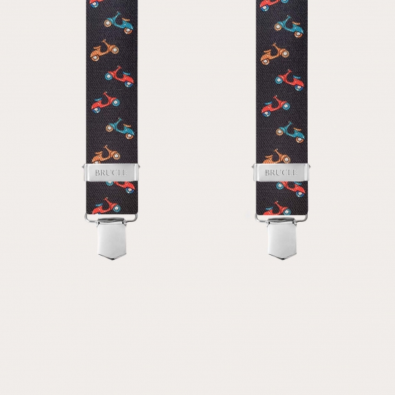 Dark brown X-back suspenders with scooter pattern