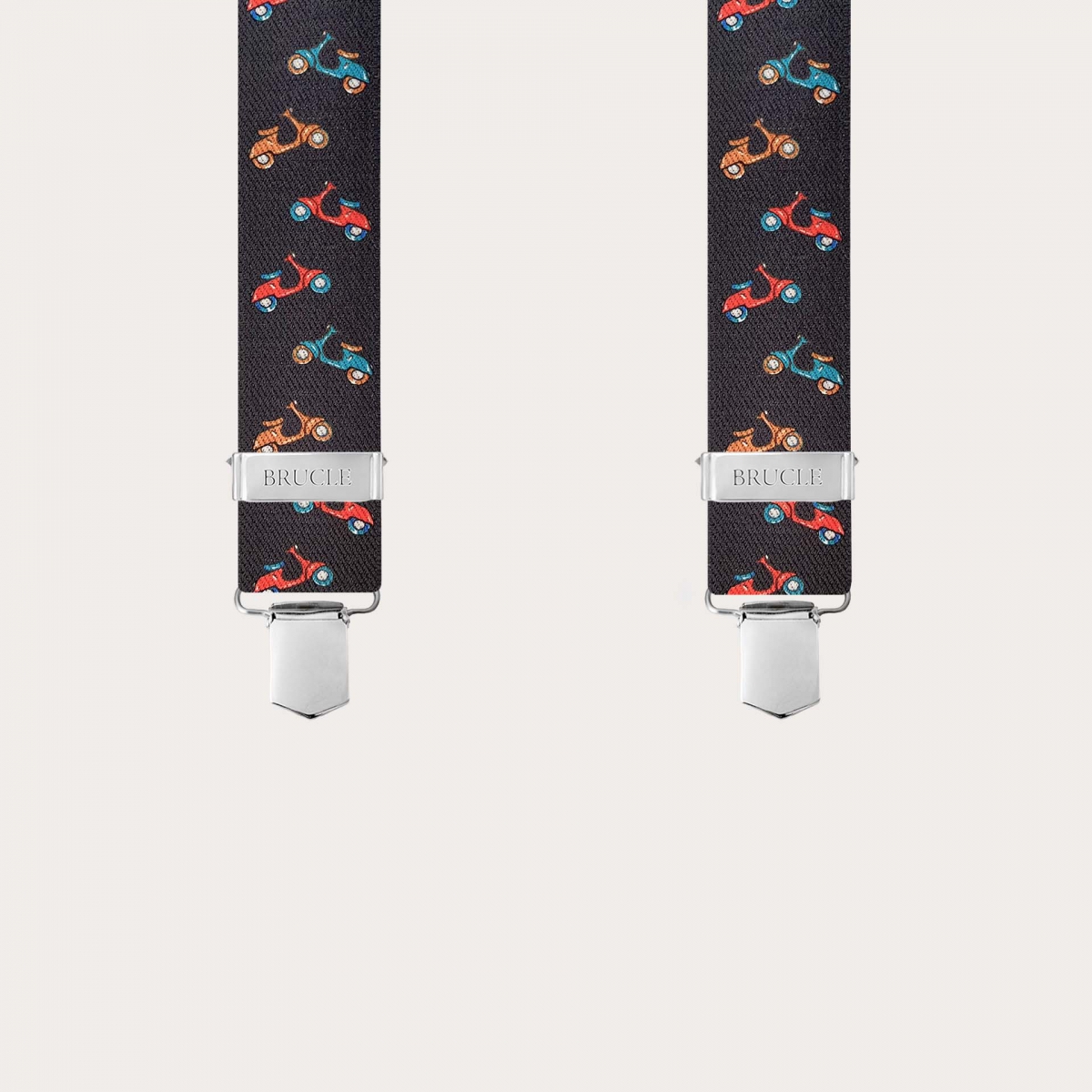 Dark brown X-back suspenders with scooter pattern